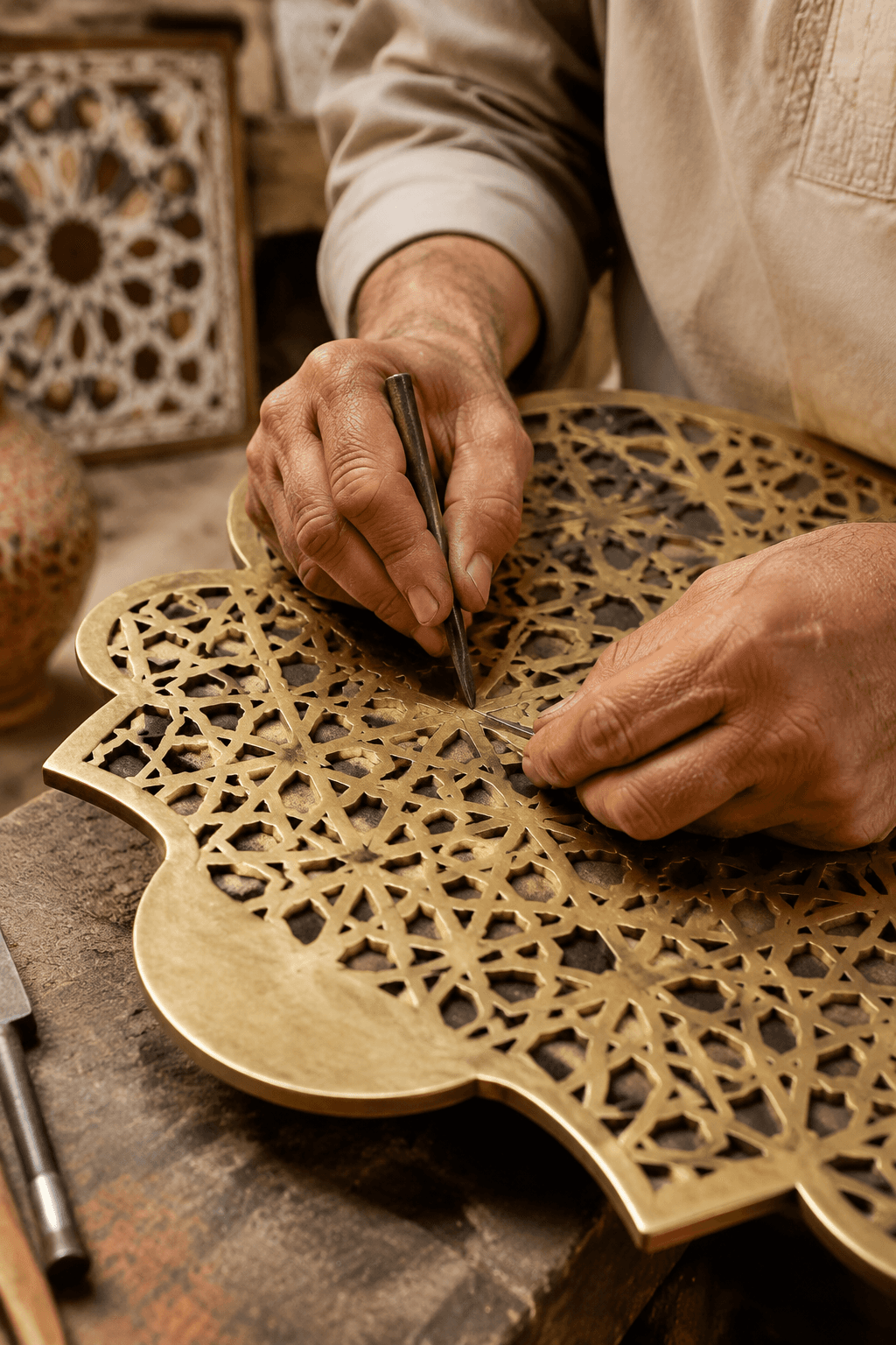 Artisan finishing a brass piece by hand